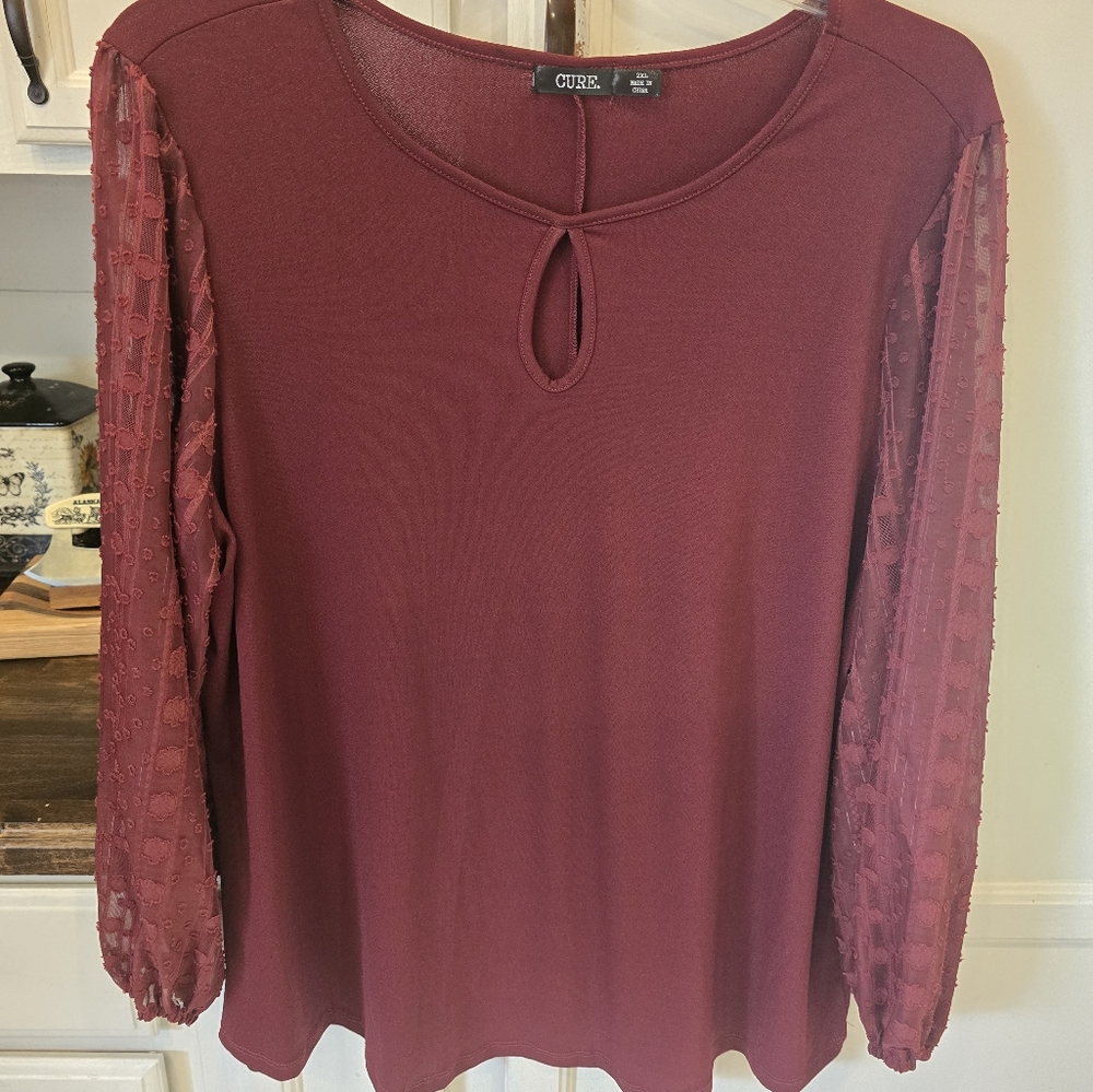 Red Relaxed Blouse with Textured Sleeves